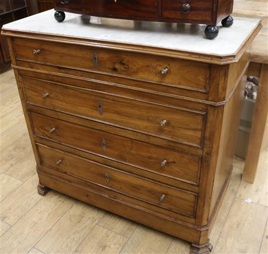 A French marble top walnut chest of drawers, W.102cm